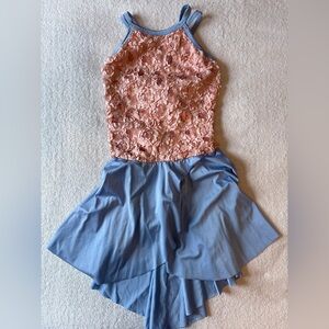 Dansco Dance Costume, Floral Pink Top  and Pale Blue Skirt. Adult Small